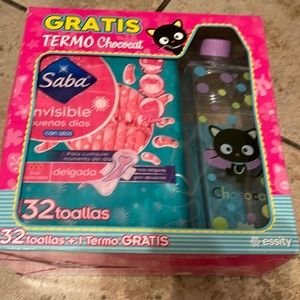 Feminine pads with Chococat drinking water bottle
